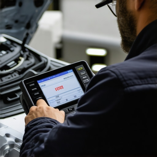 Mechanic analyzing electronic vehicle diagnostic data with a scan tool