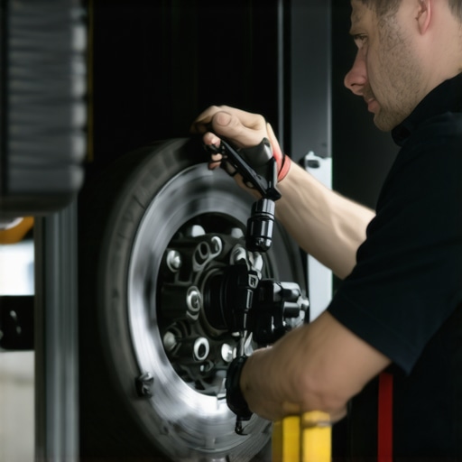 Mechanic diagnosing brake system with diagnostic tools in auto repair shop.