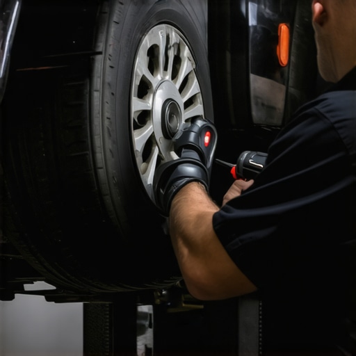 Mechanic using diagnostic tools to inspect car brakes