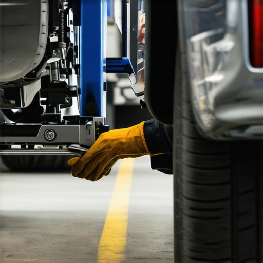 Technicians performing laser alignment on vehicle suspension in a state-of-the-art repair shop.