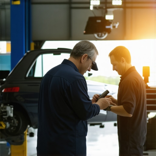 Mechanic using diagnostic equipment on car engine in auto repair shop