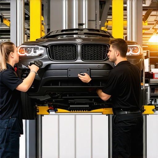 Technicians performing laser alignment on vehicle suspension in a high-tech workshop.