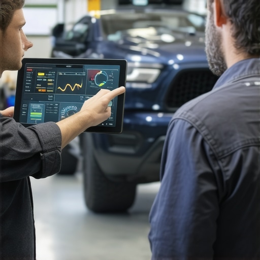 Auto mechanic showing diagnostic results on a screen to a vehicle owner