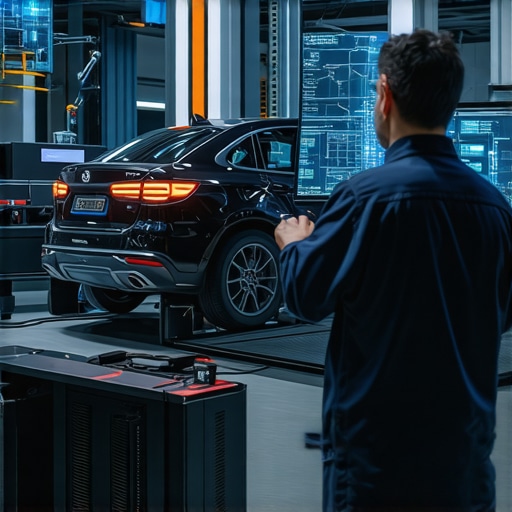 Futuristic automotive workshop with advanced brake system diagnostics tools, sensors, and AI interfaces