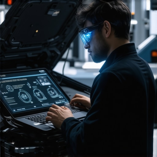 Automotive technicians using AI and AR tools in a modern repair shop