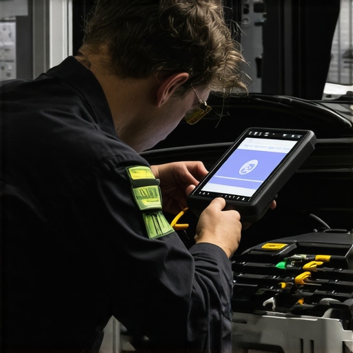 Modern technician diagnosing vehicle with high-tech tools