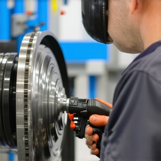 Mechanic using ultrasonic testing device on brake rotor for detailed diagnostics