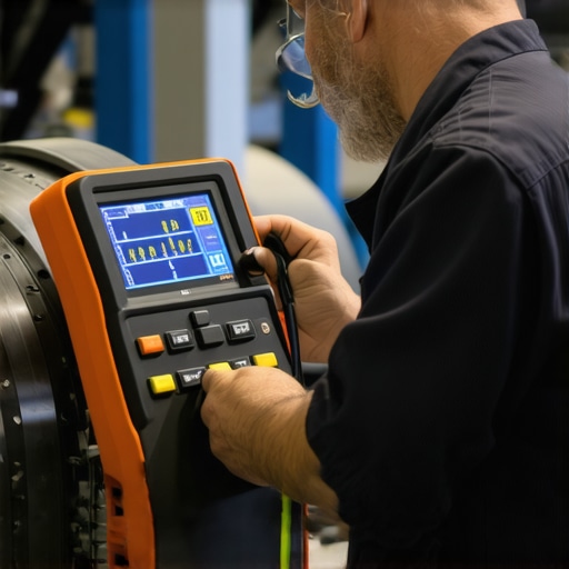 Mechanic performing ultrasonic testing on brake rotor with digital equipment.
