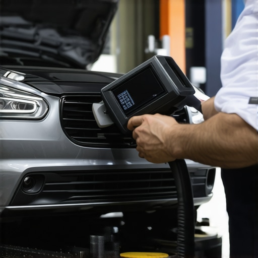 Technician inspecting vehicle transmission with ultrasonic imaging technology