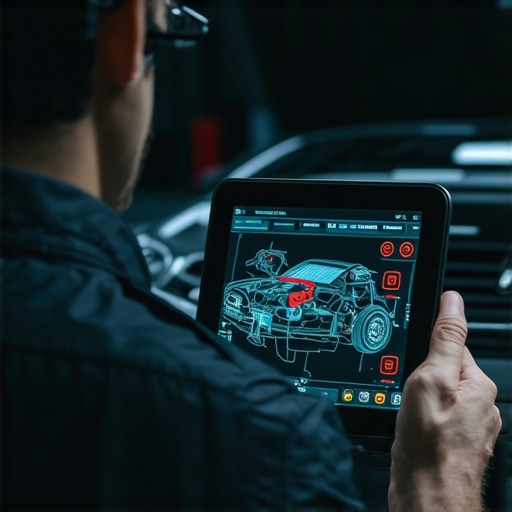 Technician using augmented reality headset to perform vehicle repair with digital guides