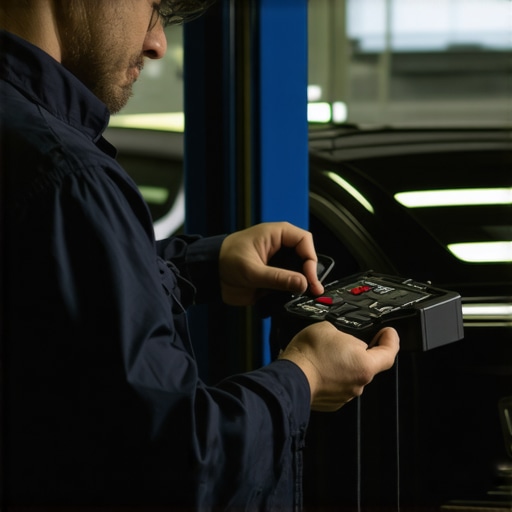 Advanced Automotive Diagnostics in Action Technician performing electronic system diagnostics on a car with a high-tech scanner.