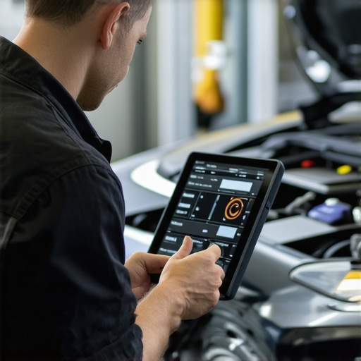 Technician performing diagnostic tests on car's brake and engine systems with digital equipment.