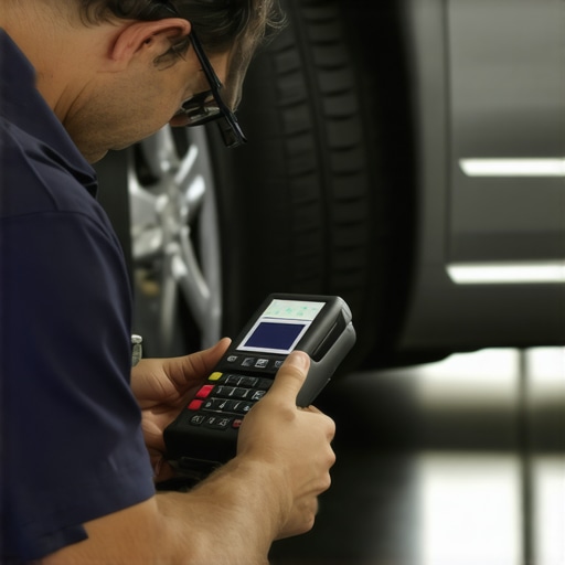 Advanced Brake Diagnosis Equipment Mechanic using electronic brake diagnostic tools to analyze vehicle components