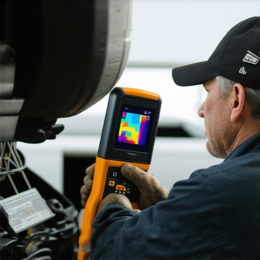 Mechanic performing thermal and ultrasonic brake inspections