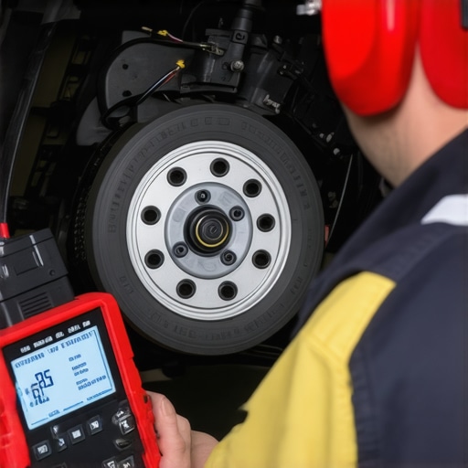 Advanced Brake Diagnostics in Action Technician performing brake diagnostics using high-tech tools on a vehicle's brake system.