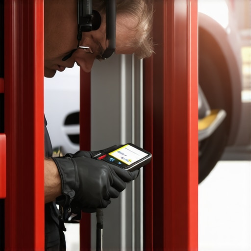 Mechanic testing brake fluid using digital device in a garage.