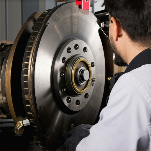 Advanced Brake Inspection Tools Automotive technician using ultrasonic device to examine brake rotor wear