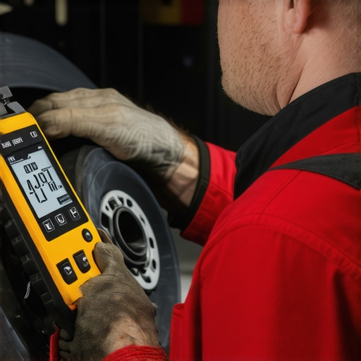 Technician using ultrasonic tester and digital diagnostics for brake system inspection.