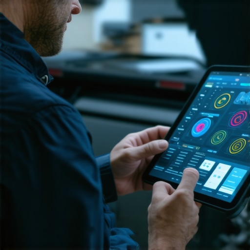 Advanced Diagnostic Interface for Modern Vehicles Auto mechanic analyzing digital vehicle diagnostics on a tablet with high-tech interface.
