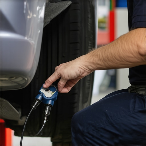 Technician performing ultrasonic inspection on brake parts to identify potential failure points.