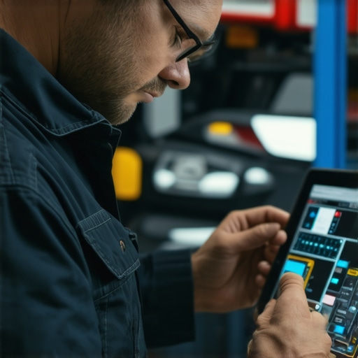 Technician using digital tools to analyze vehicle sensor data for fault detection.