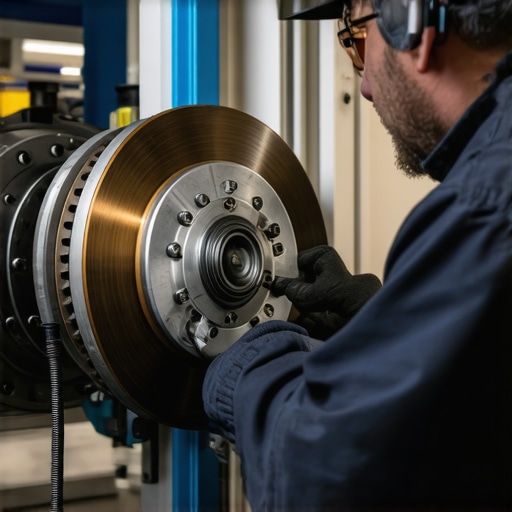 Technician performing ultrasonic flaw detection on a vehicle's brake rotor.