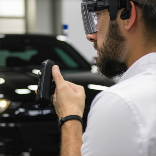 Technician using augmented reality glasses to diagnose vehicle systems in a modern auto repair shop
