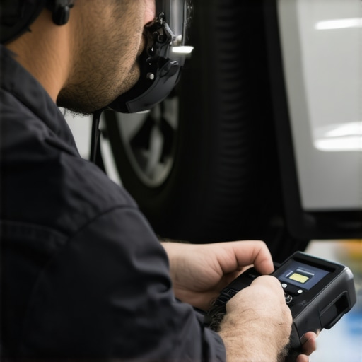 Mechanic operating an advanced brake diagnostic device