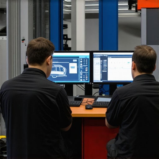 Technicians using high-tech diagnostic equipment to assess vehicle systems in a professional repair shop.