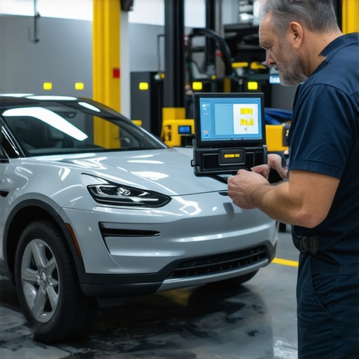 Technician using digital diagnostic equipment in a modern auto repair shop