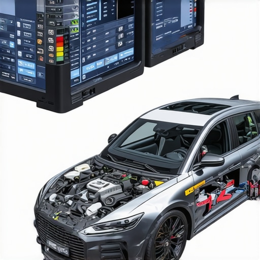 Technician using advanced diagnostic tools connected to a vehicle's engine and brake system.