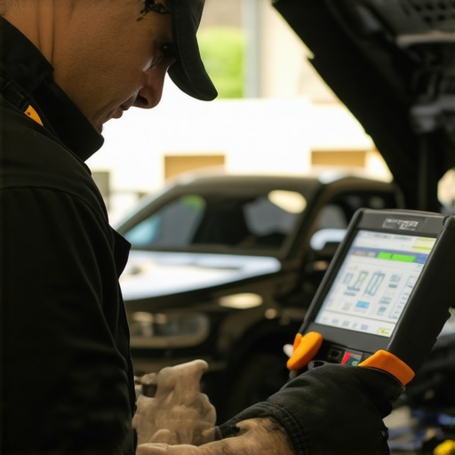 Electronic Brake Calibration in Action Technician calibrating vehicle's electronic brake system with diagnostic equipment