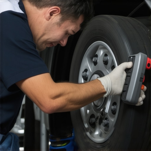 Mechanic inspecting vehicle brakes with diagnostic tools