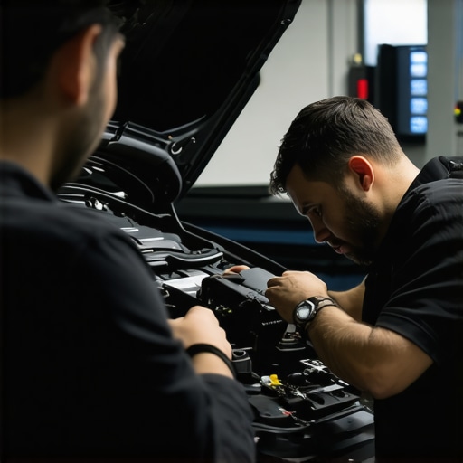 Technician calibrating vehicle sensors with diagnostic tools