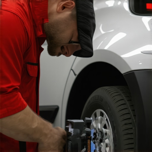 Mechanic performing brake system diagnostics with advanced electronic equipment, emphasizing precision and modern technology.