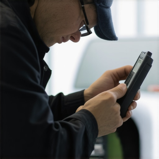 High-Tech Brake Diagnostics in Action Technician performing advanced brake system diagnostics with digital tools