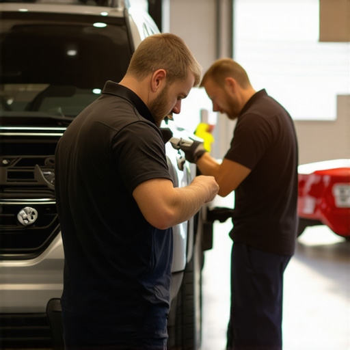 Technicians performing vehicle diagnostics with advanced equipment in auto repair shop