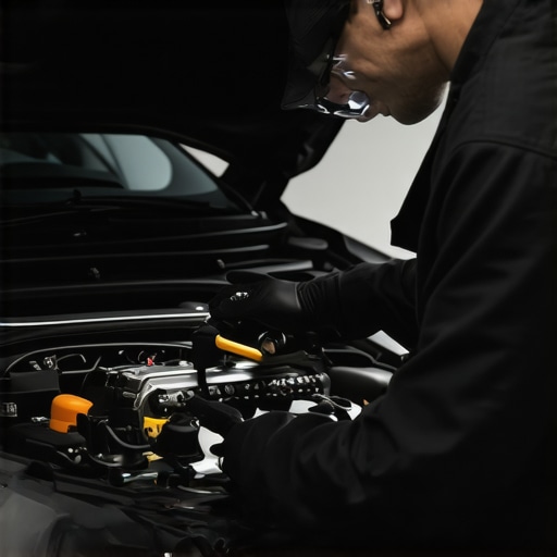 Mechanic performing diagnostics with high-tech equipment on a vehicle's engine.