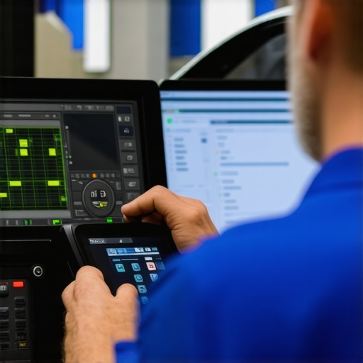 Technician using laser measurement tools on a vehicle's brake components