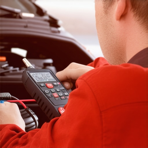 Mechanic inspecting car's brake and engine using diagnostic equipment
