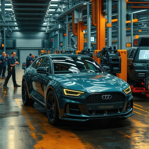 Technicians using augmented reality glasses for vehicle inspection in a modern workshop