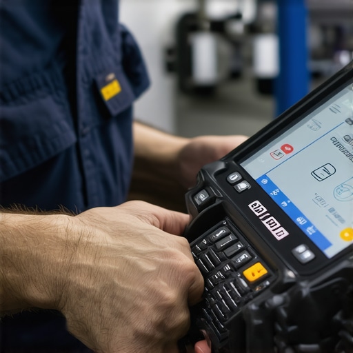 Mechanic working with a futuristic car diagnostic system showing complex data.