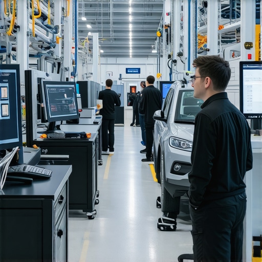 Next-Generation Auto Diagnostics Lab Engineers working on AI-based automotive diagnostic systems in a modern lab