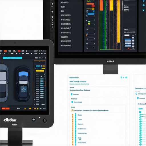 Technicians using advanced diagnostic equipment on vehicles with digital interfaces and simulation tools.