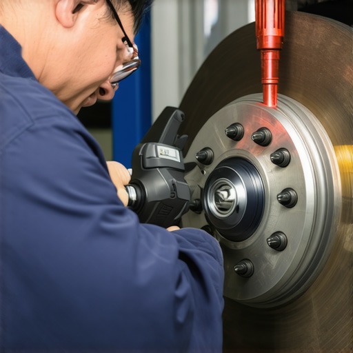 Technician performing high-precision laser alignment on a vehicle's brake rotor