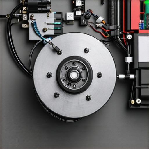Detailed image of a vehicle brake system featuring embedded sensors and electronic modules.