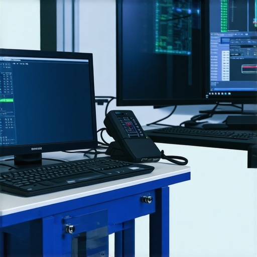 Technicians using cutting-edge diagnostic and calibration tools in an automotive workshop