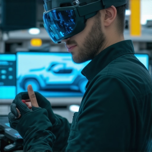 Mechanic wearing augmented reality glasses analyzing vehicle components in a high-tech garage