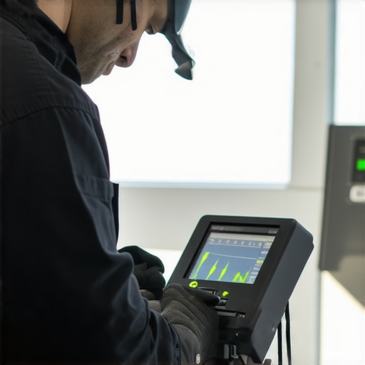 Ultrasonic Brake Diagnostic Tool in Action A mechanic performing ultrasonic testing on car brake rotors with high-tech equipment.