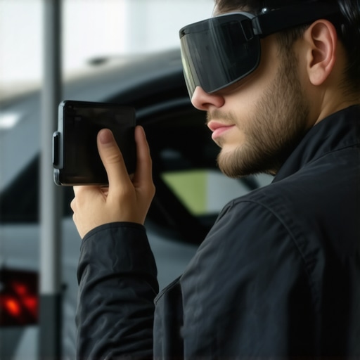 Technician wearing AR glasses diagnosing a car engine in a garage